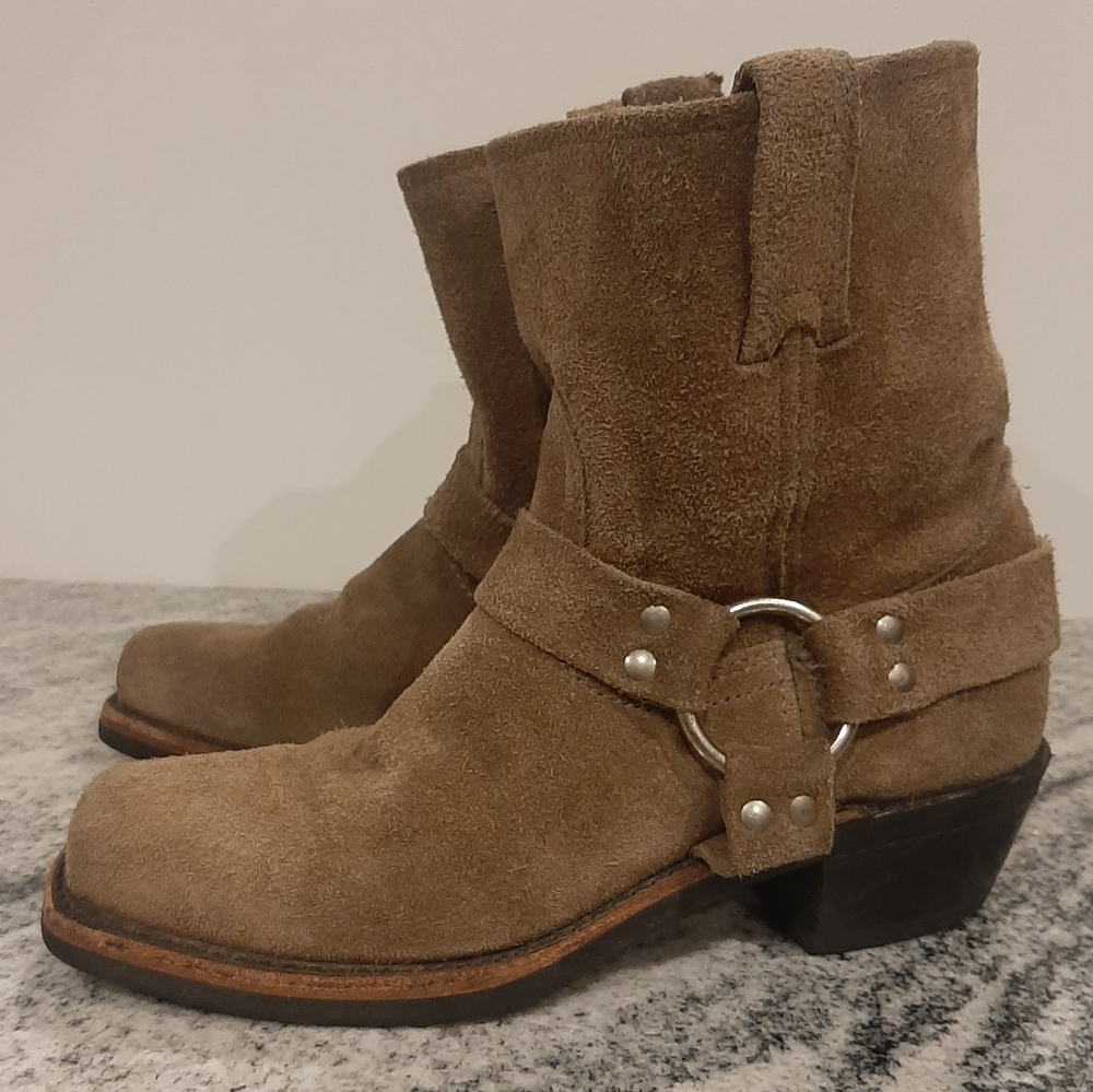 Frye Tan Suede Harness Ankle Boots